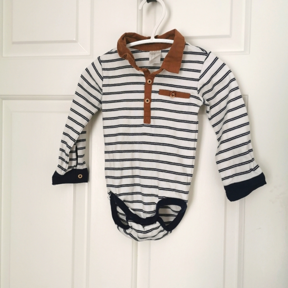 H&M Striped Long-Sleeve Bodysuit in White, Navy & Brown